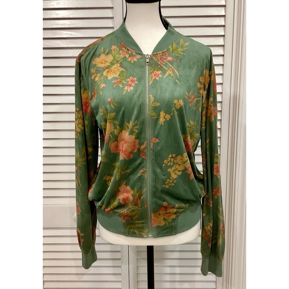 Jealous Tomato Green Pink Peony Floral Velvet Bomber Jacket Lightweight Large